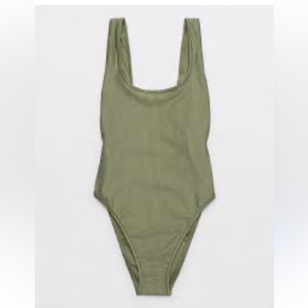 Aerie Women's Shine Rib Scoop Cheekiest One Piece Swimsuit Olive green M NWT